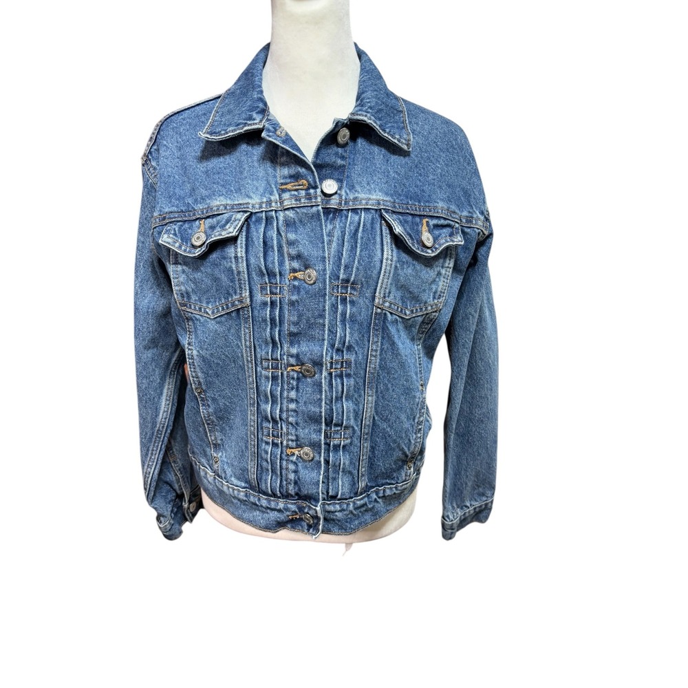 Old‎ Navy Womens Medium Wash Denim Jacket Pleated Front Trucker Blue XS #870